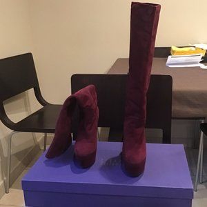 Stuart Weitzman Bordeaux Suede Platform Heeled Boots Size 8